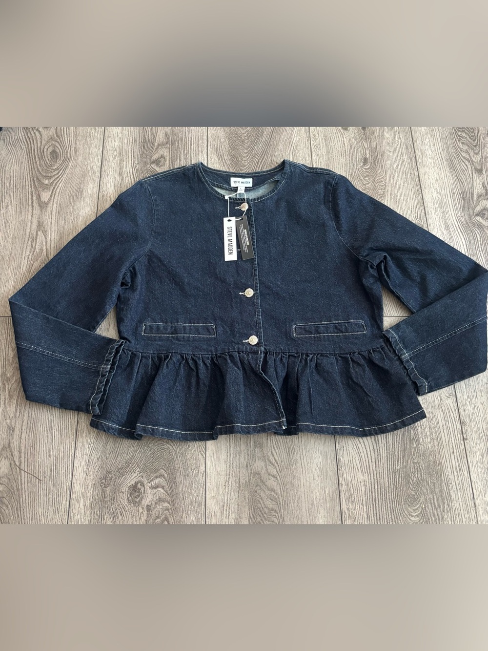 Steve Madden  Navy Denim Ruffle-Hem Jacket - Picture 2 of 5